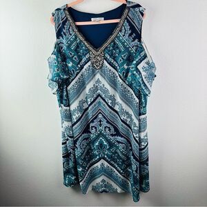 Sandra Darren Boho Beaded Lined Cold Shoulder Knee Length Dress Size 22W